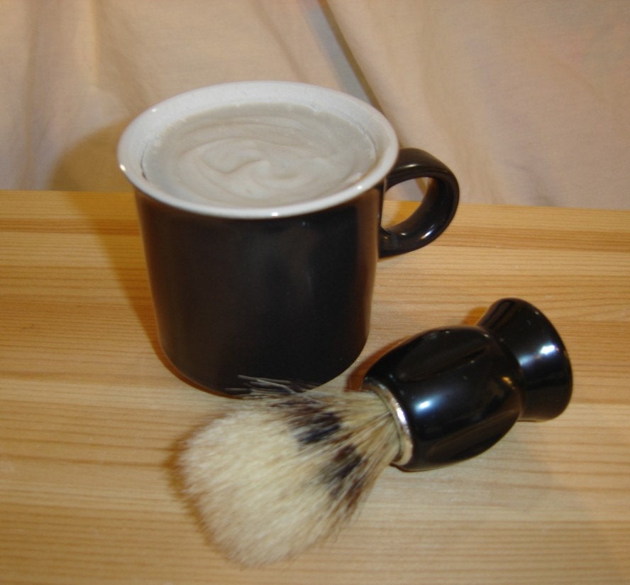 Mug of handmade tallow shaving soap with a NIP brush vintage Noritake Primastone small black mug