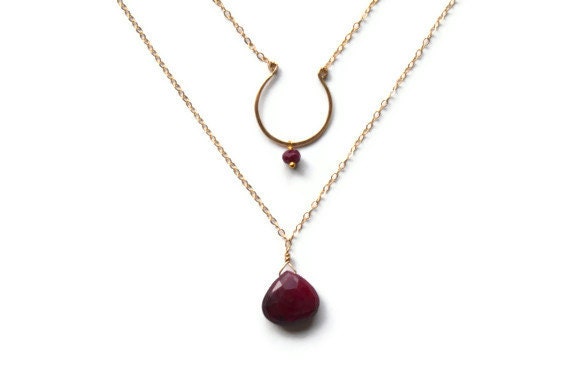 Double Strand Ruby Necklace, Natural Organic Rubies, 14k hammered gold open circle