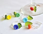 Wine Charms Set of Six lamp work glass flowers with clear glass beads