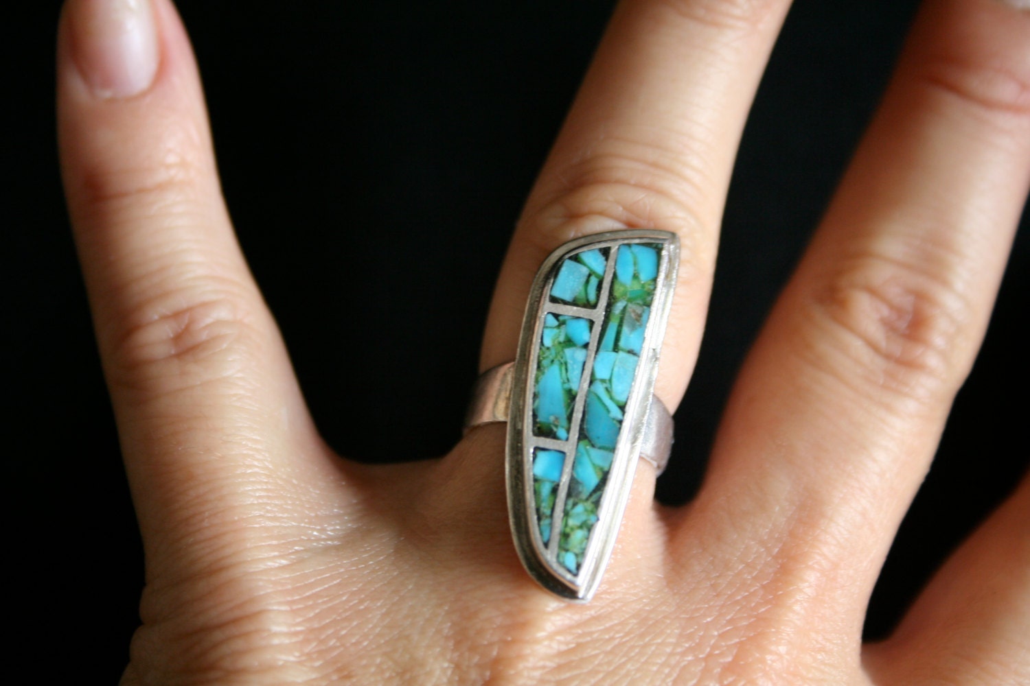 Turquoise Inlay Ring, Sterling Overlay, Navajo Native American