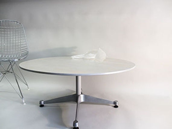 Herman Miller, Eames Refurbished Aluminum Group Coffee Table with 36" solid White washed Maple top.
