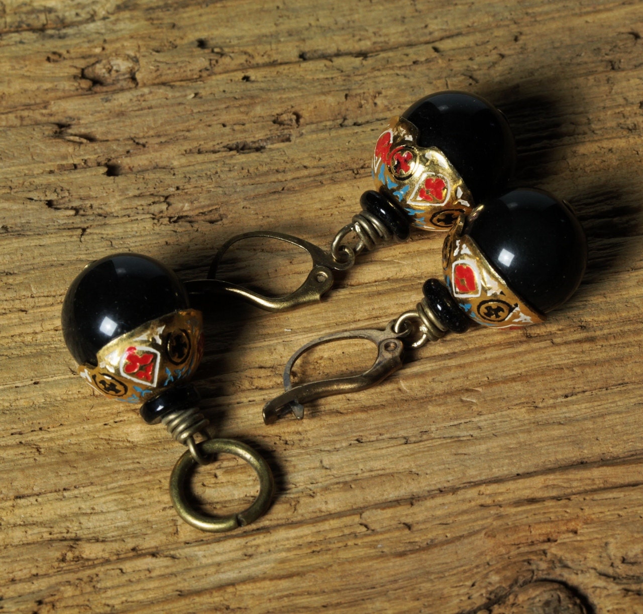 Golden navajo style jewelry SET(obsidian,upcycled,gold,brass,antique,black stone ,pendant and earrings ,elegant chic,brass) ISLA bijoux