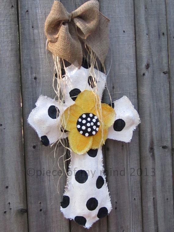 Burlap Cross Burlap Door Hanger Black and White with Flower