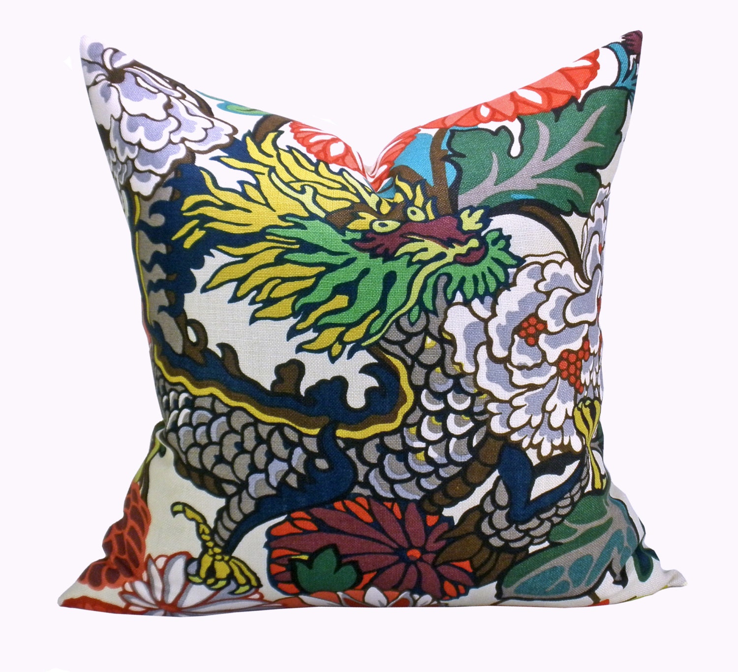 Pair of TWO Schumacher Chiang Mai Dragon pillow covers in Alabaster - 18 x 18, 20 x 20, or 22 x 22