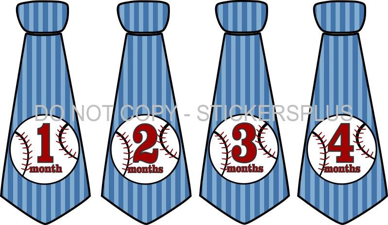 Baby Boy Monthly Onesie Stickers Necktie Neck Tie Sports Balls Baseball Blue Stripes - UNCUT 1-12 Months Plus Just Born