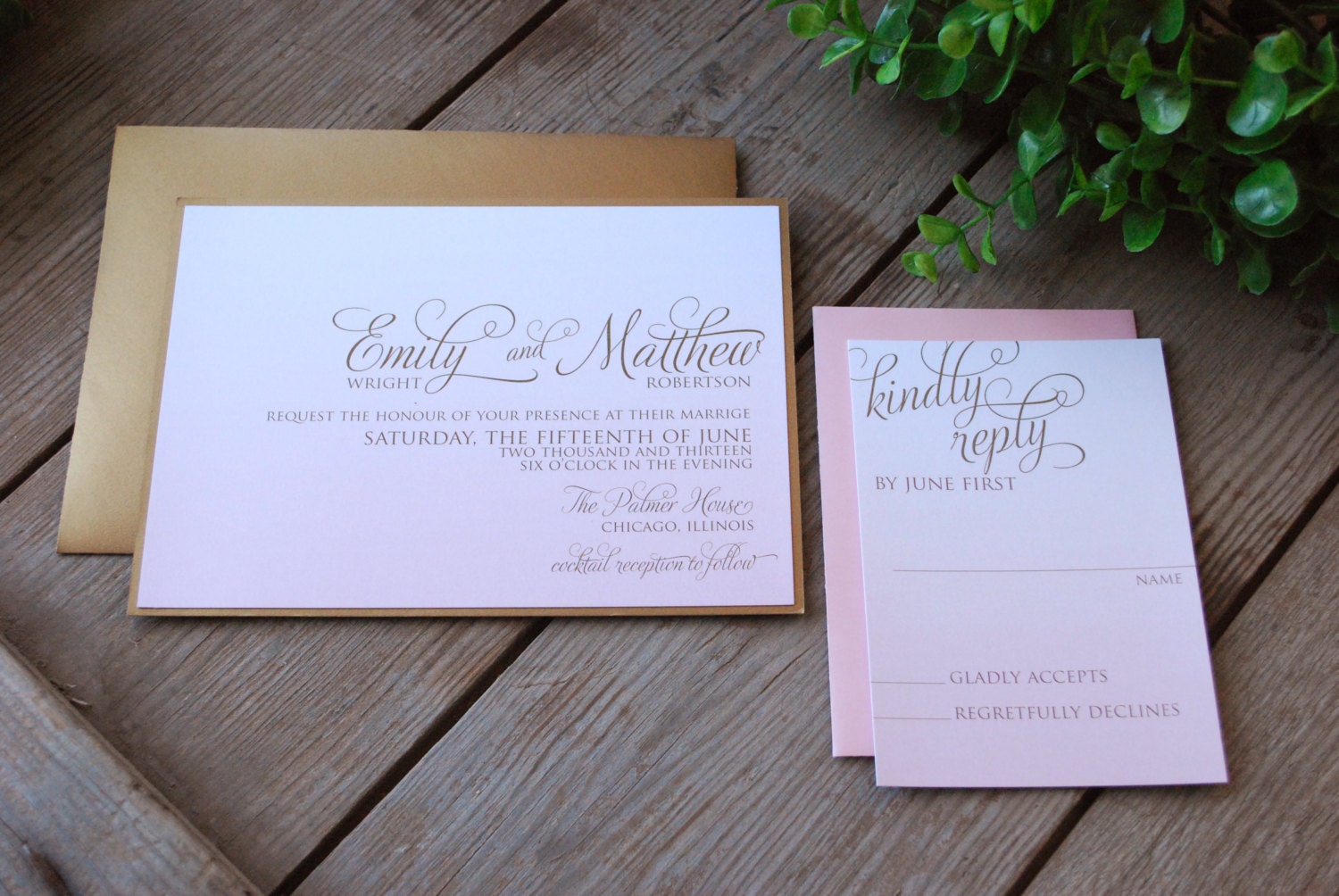 Wedding Invitation - Soft Pink Ombre With Gold
