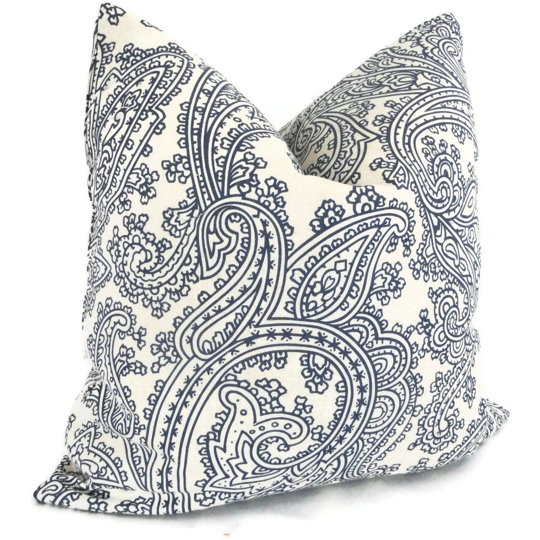 Blue and Natural Linen Paisley Decorative Pillow Cover 18x18 or Lumbar Pillow - Accent Pillow, Throw Pillow