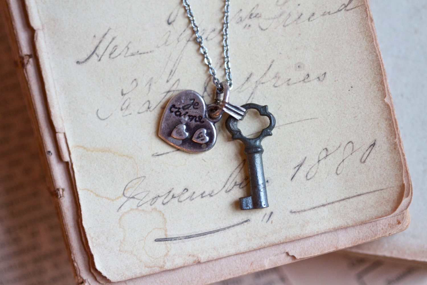 Je T'aime Necklace - Tiny Antique french Skeleton Key and Heart Pendants on Chain
