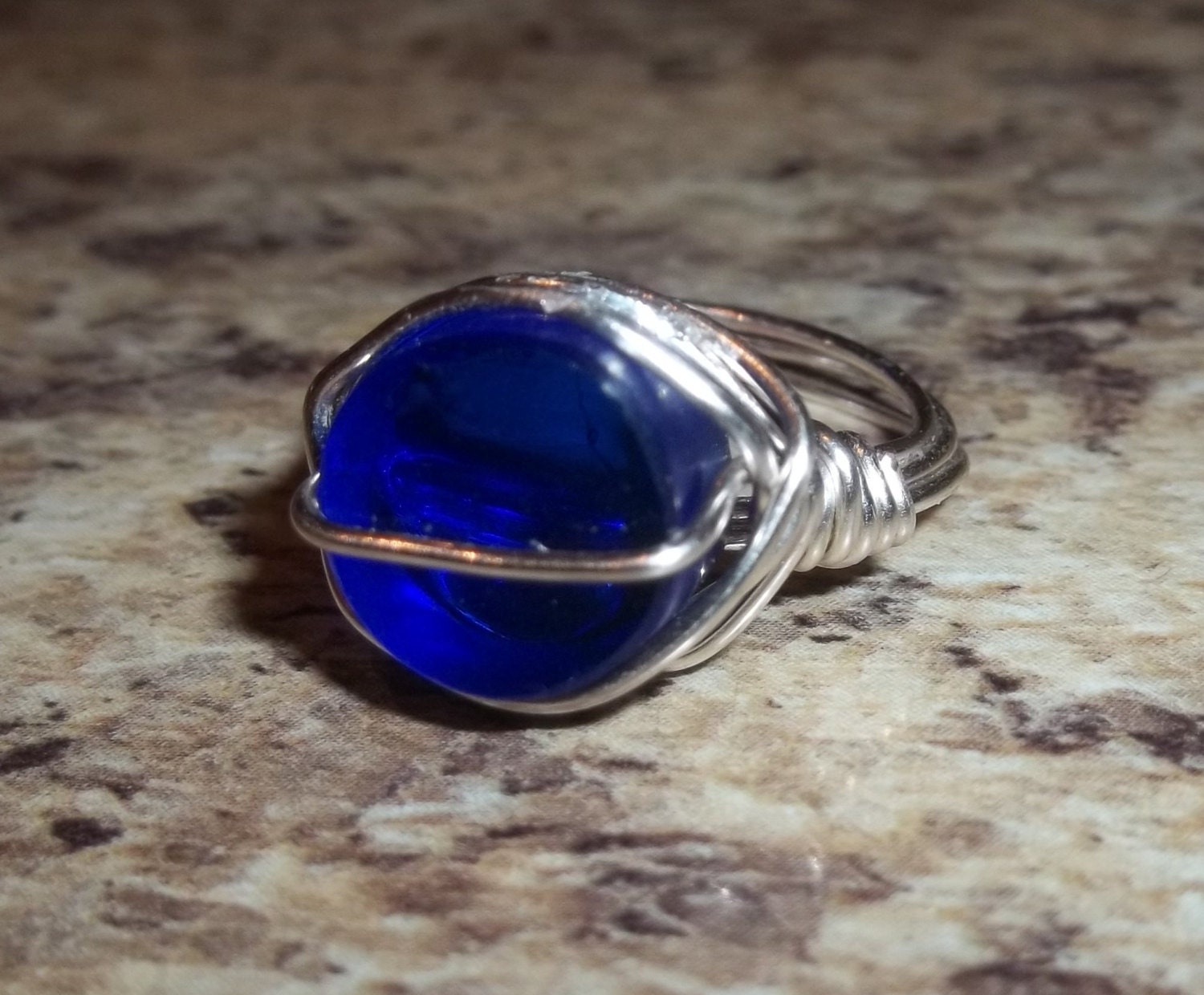 Recycled Blue Wine Bottle Wire Wrapped Ring