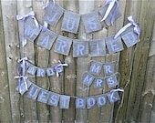 BURLAP Wedding BANNER PACKAGE - Choose Colors - Includes 4 Banners: Chair signs, Guest Book, Cards Banner and Just Married garland.