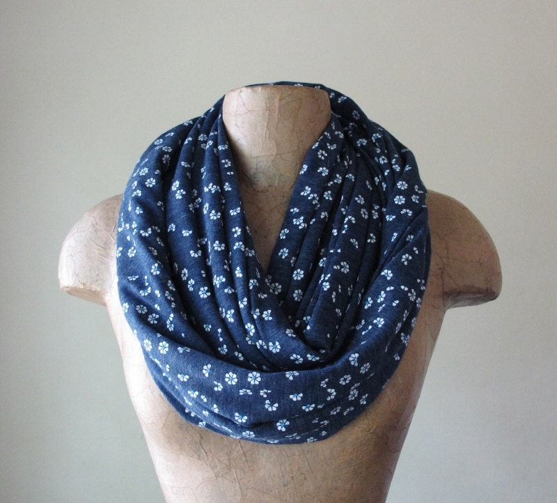 Floral Loop Scarf - Denim Blue Infinity Scarf with Dainty White Flowers - Slate Blue Cotton Circle Scarf