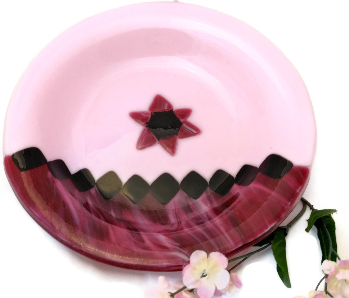Fused  Glass Bowl Pink and Raspberry Swirl  with Chevron Motif LI 17