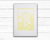 Yellow flower linoprint - delicate linocut