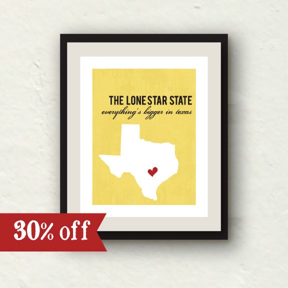 SALE - Texas art - state home decor - Lone Star State 8x10 print - yellow home decor - PaperFinchDesign