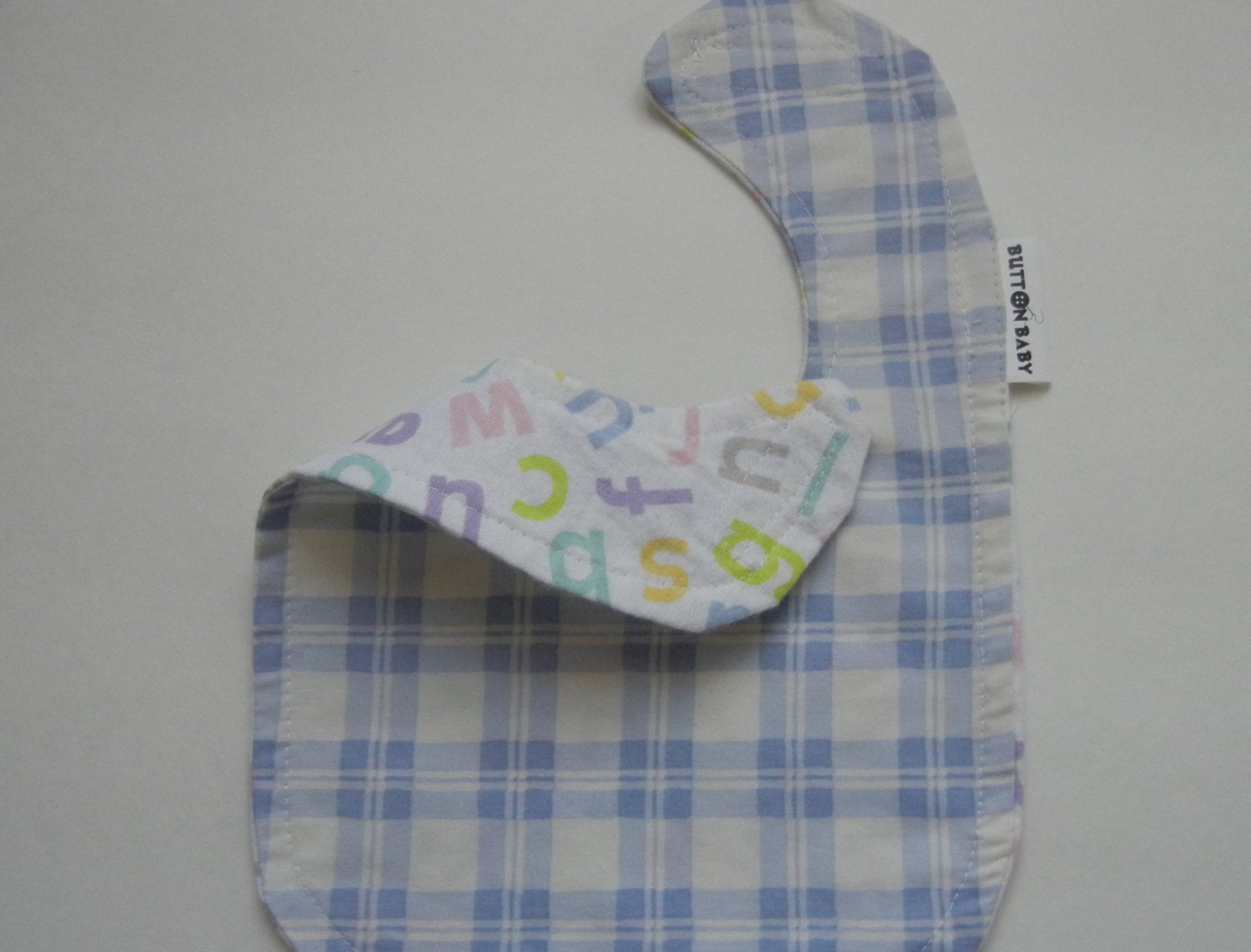 BABY BIB - Periwinkle Plaid - Cotton plaid with alphabet flannel - Shower gift - Baby Shower