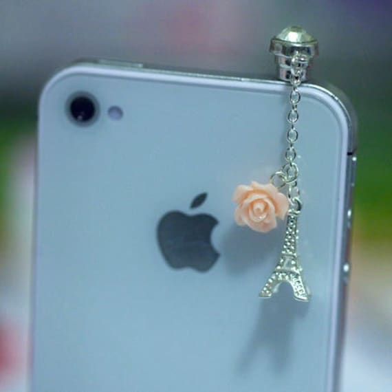 Kawaii MIni Eiffel Tower with Pink Rose Iphone Earphone Plug/Dust Plug