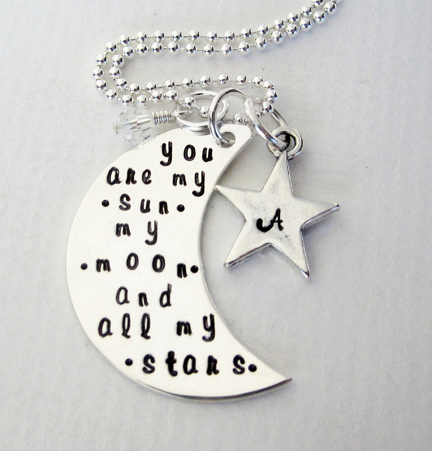 Personalized Mommy Necklace - Sterling Silver Moon - EE Cummings Quote - My Sun, My Moon, and All My Stars - Initial Jewerly