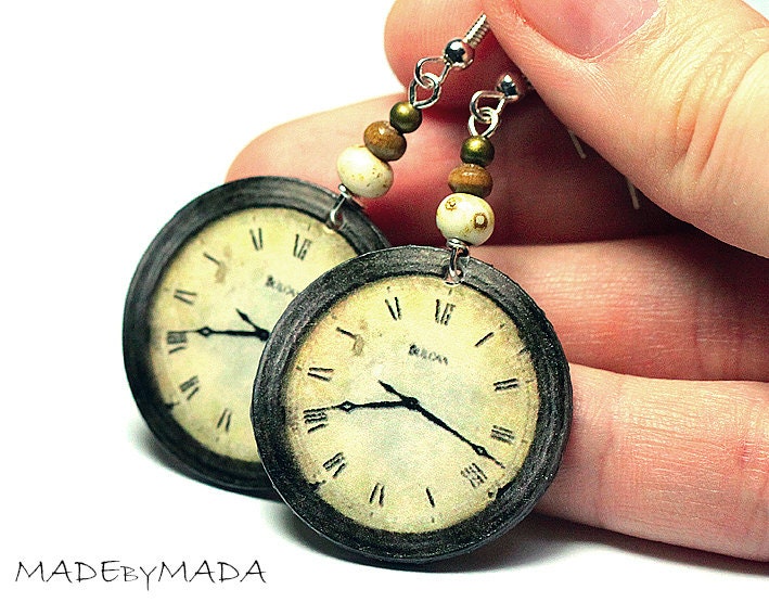 Clock Earrings Earth tones Brown Ecru Beige, Free Shipping, 2-sided Medium size 3cm Ø, gift for her under 20