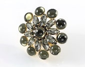 Vintage Smokey Rhinestone Brooch glass cabochon Starburst Flower