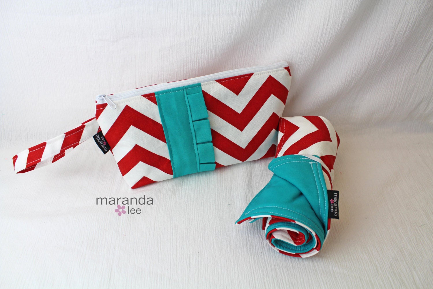 Chevron Zippered Diaper Clutch Changing Pad Set - Makeup Clutch - Wristlet in Red Chevron and Teal Ruffled- Fits Diapers and Wipes or Wallet