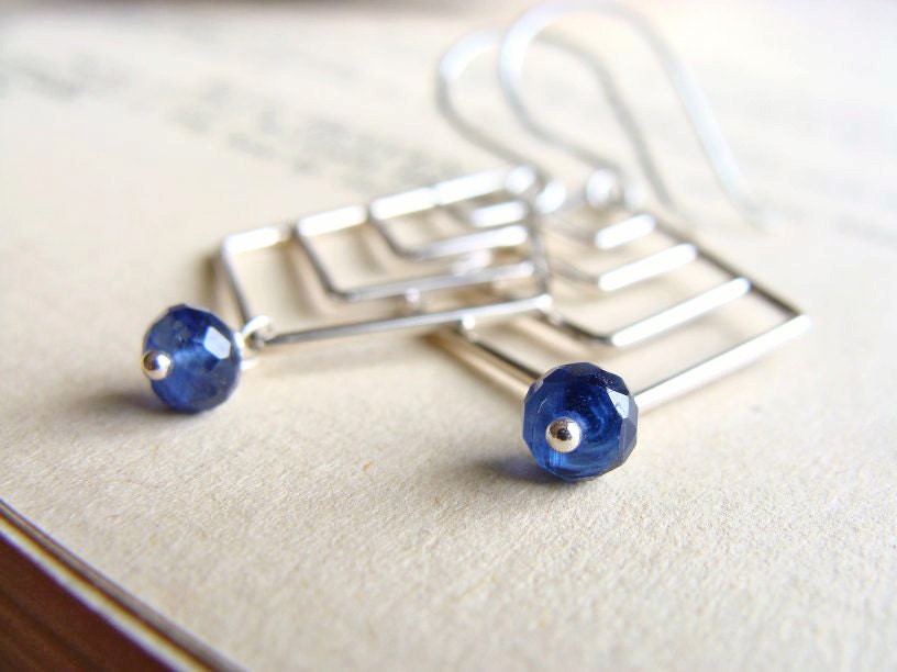 Chevron Earrings Sterling Silver Chandelier Earrings Minimalist Jewelry Kyanite Gemstone Sapphire Blue Monaco Blue MIA earrings