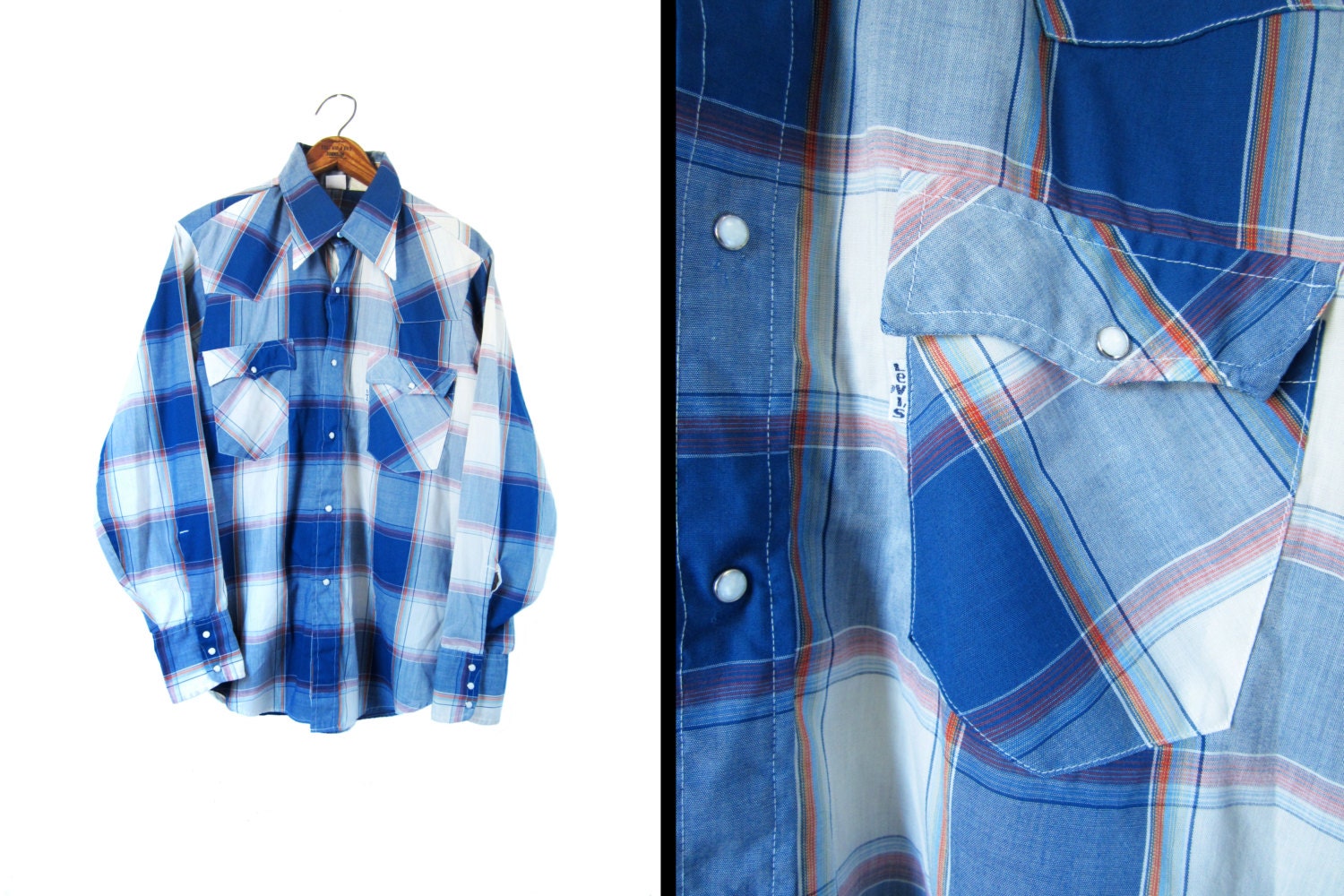 Vintage 70s Levis Flannel Shirt Blue Plaid Snaps White Tab - Men's Large