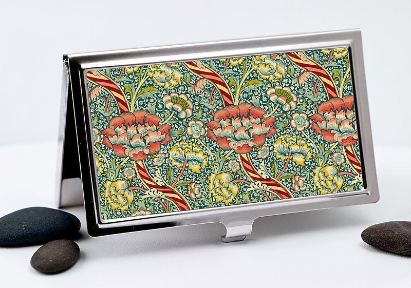 Business Card Case, Vintage William Morris Wandle Design, Crimson Floral Victorian Style Credit Card Case, Men or Women's Accessory
