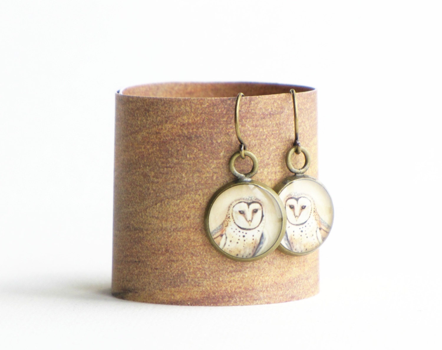 Small Owl Earrings - woodland barn owl - barn owl totem animal - cream white bronze earrings - unique earrings - owl jewelry
