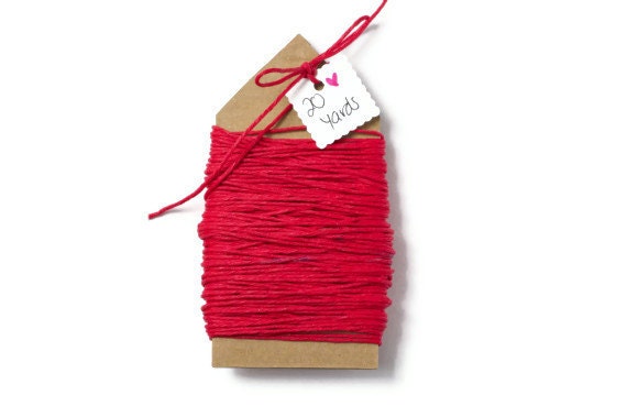 Red hemp fiber cord . 100% natural . 20 yards . red string . twine gift wrap ties . supplies .  yarn . ribbon