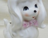 Mid Century Vintage Porcelain Dog Planter Pink Polka Dot Bow Tie