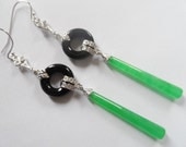Art Deco Silver Onyx and Jade Drop Earrings