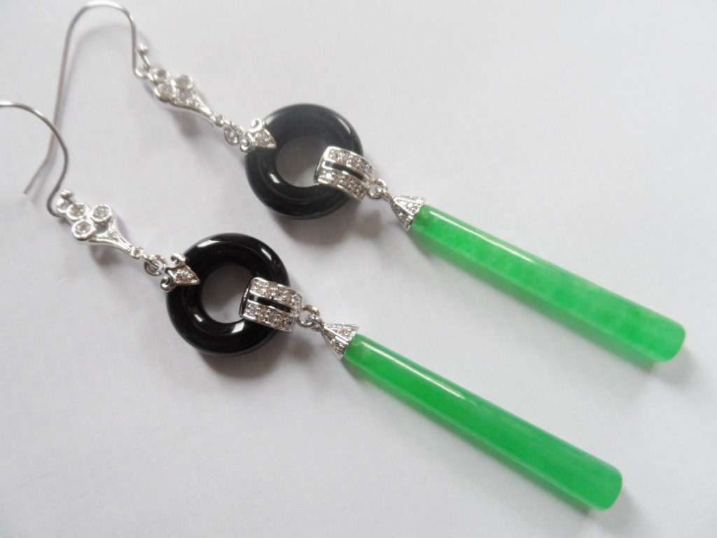 Art Deco Silver Onyx and Jade Drop Earrings