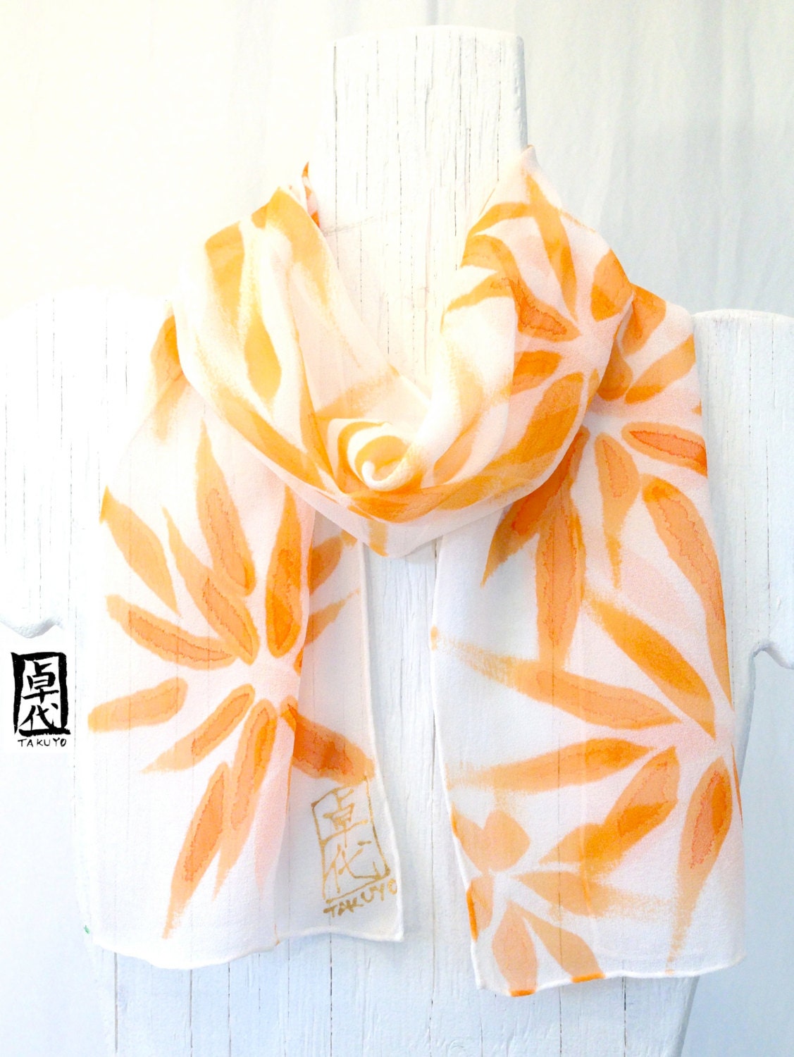Hand painted Silk Scarf. Mothers Day Gifts. Mango Yellow Orange Silk Scarf Hanabi Flowers. Spring Fashion. Silk Chiffon Scarf. 7x50 in.