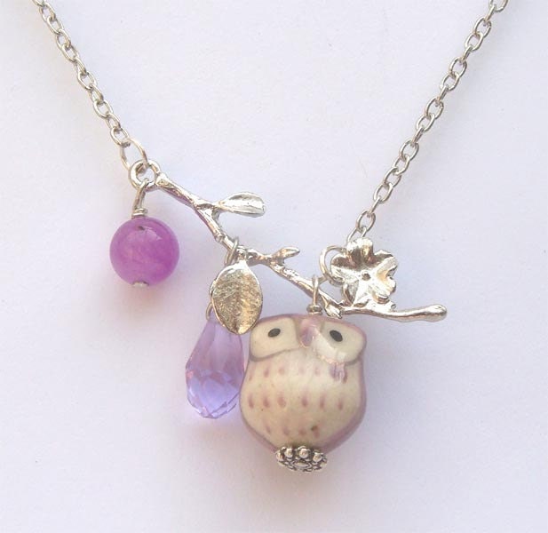 Silver Leaf  Jade Quartz  Porcelain Owl Necklace