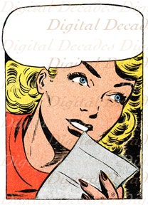 Vintage Art Illustration - Digital Image - Retro Cartoon Comic  Woman Talk Balloon