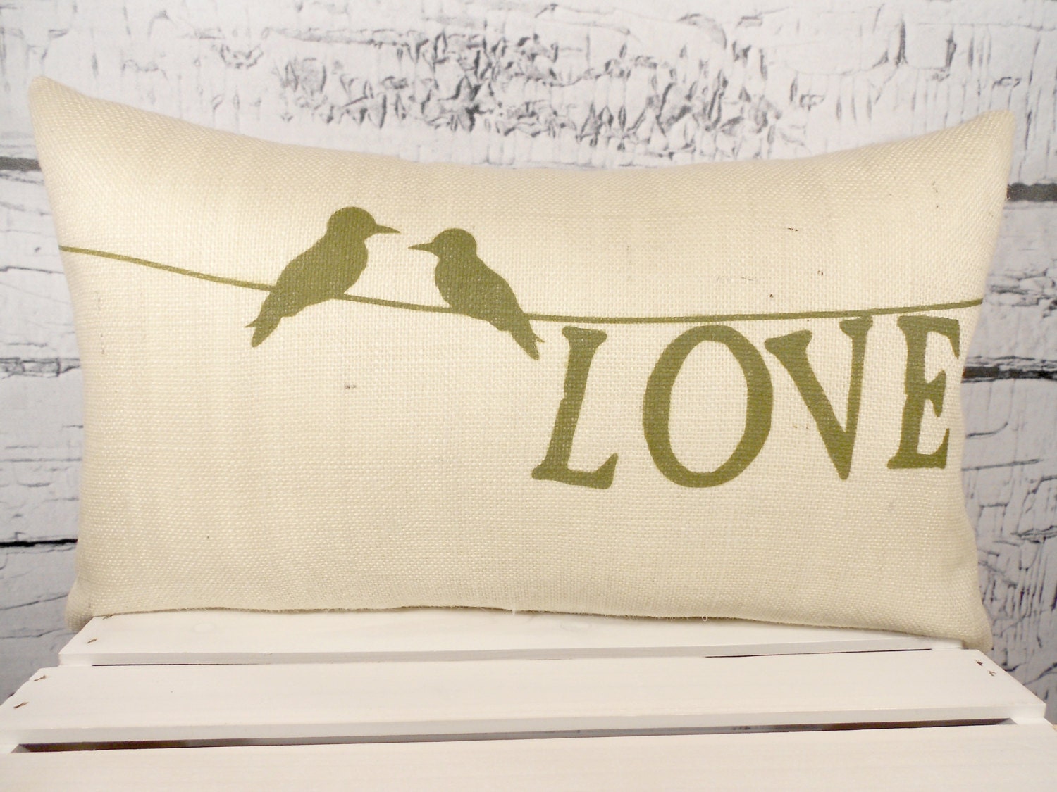 Birds on a wire burlap pillow cover with LOVE - can be personalized with names and date - 12X20 - Pillow Insert Sold Separately
