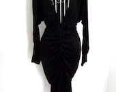 Vintage 80s bustle  Ruched fish tail low back Velvet Pin up wiggle dress wing angel sleeve 12  10