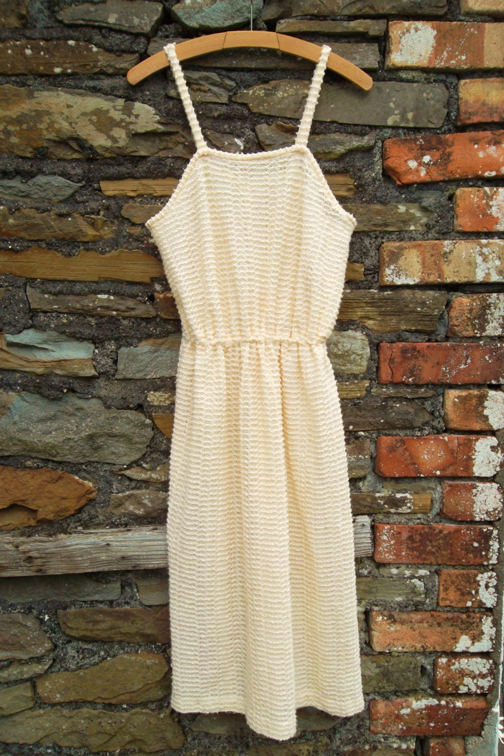 Vintage lemon yellow knitted crochet style Festival GYPSY hippie  Bohemian sun summer Festival strappy dress 12 10