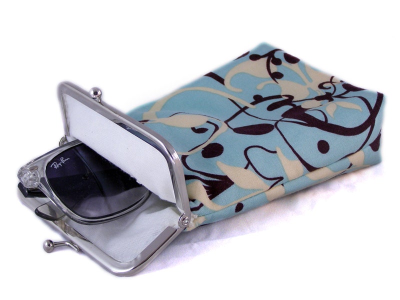Sunglass Case - Light Blue decorated with brown and beige paisley 100% cotton  - Silver Frame