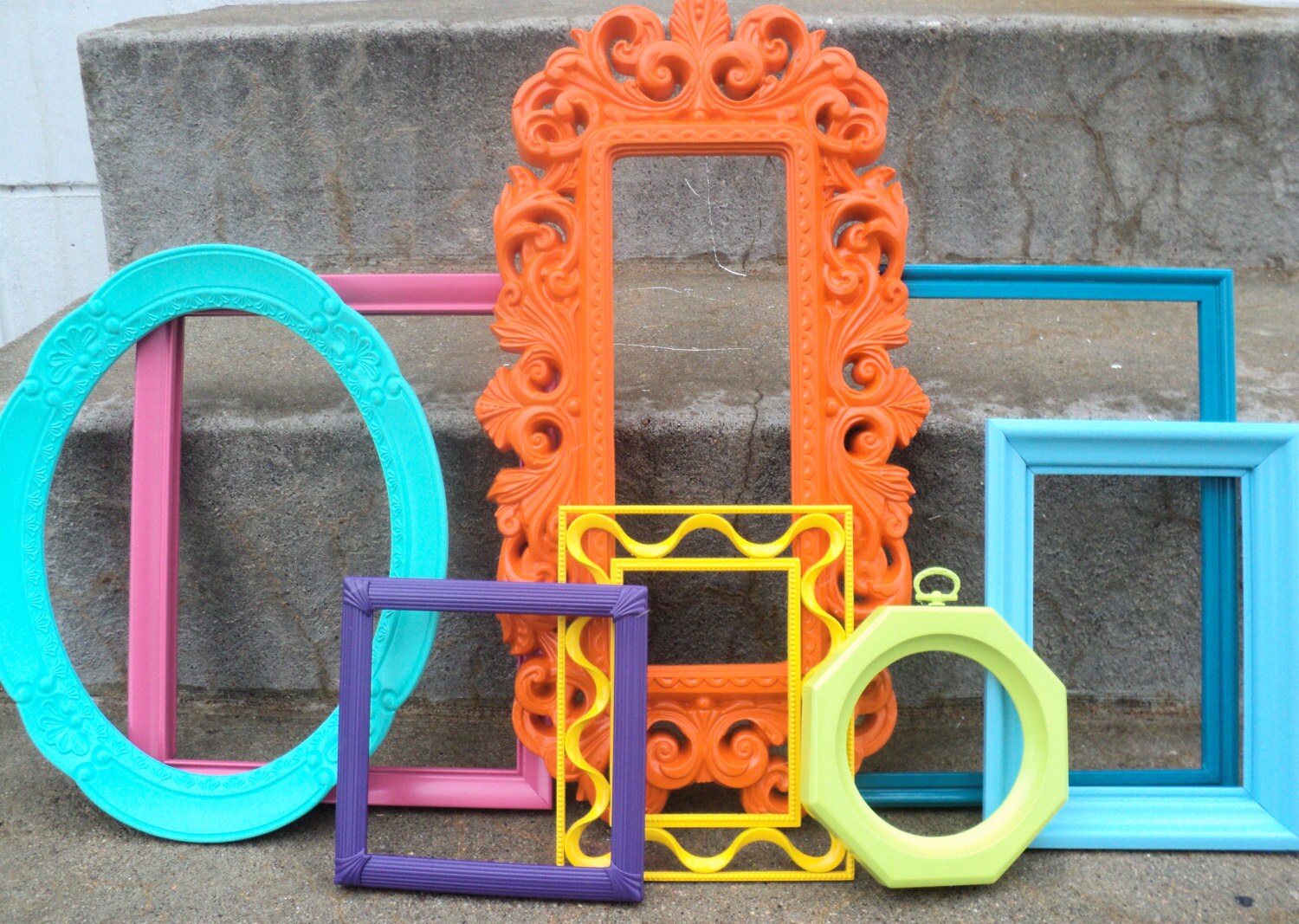 Bright and Colorful Picture Frame Set With Mirror Ornate Blue Yellow Pink Orange Purple