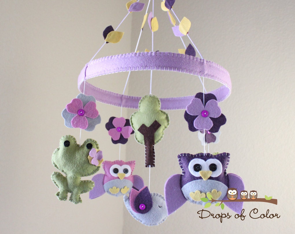 Baby Crib Mobile - Baby Mobile - Owls & Frogs Mobile - Mobile in a Felt Circle Frame (You can pick your colors)