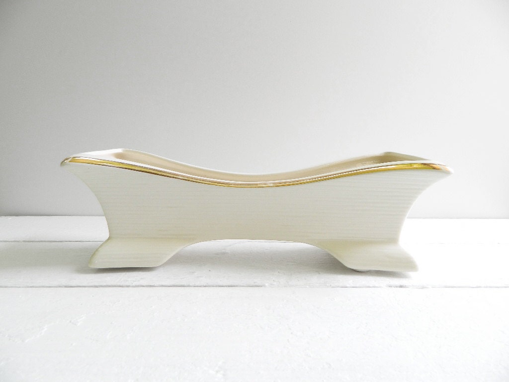 Vintage Gilded Ceramic Console Dish - Ivory 1960s Midcentury Modern Home Decor