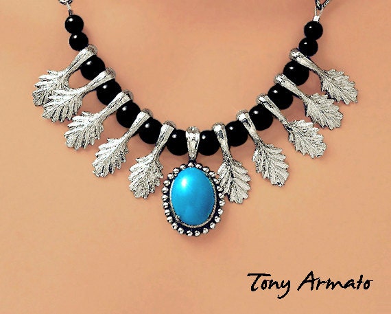 SILVER LEAVES, Turquoise & Black, With Free Earrings