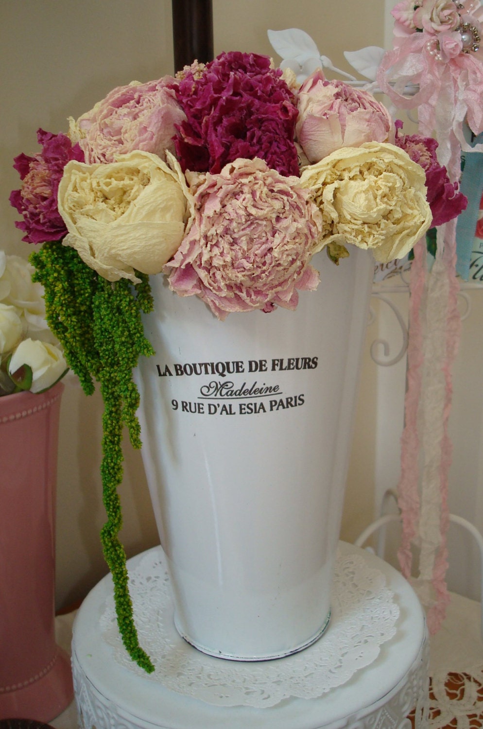 French dried peonies metal bucket-French graphics-wedding-shabby chic-cottage-Paris apartment-dried peony bouquet -garden.