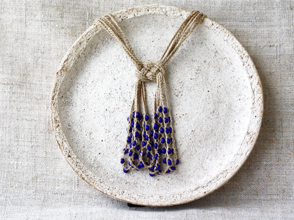Knot necklace Nautical jewelry Rope necklace Crochet beaded necklace Linen necklace with navy blue beads Dark blue Rustic Gift for her