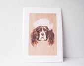Spaniel wearing a russian hat illustrated wall art print