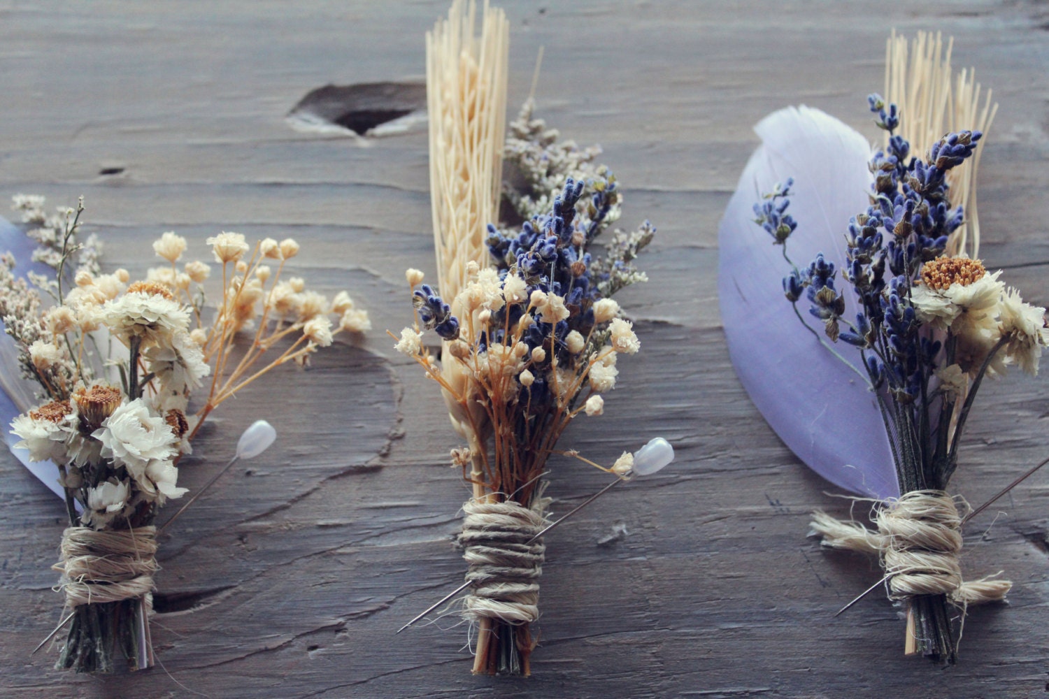 dried wildflowers and feathers boutonnieres - set of 4 - lavender buttonhole, wheat boutonniere - LUKE