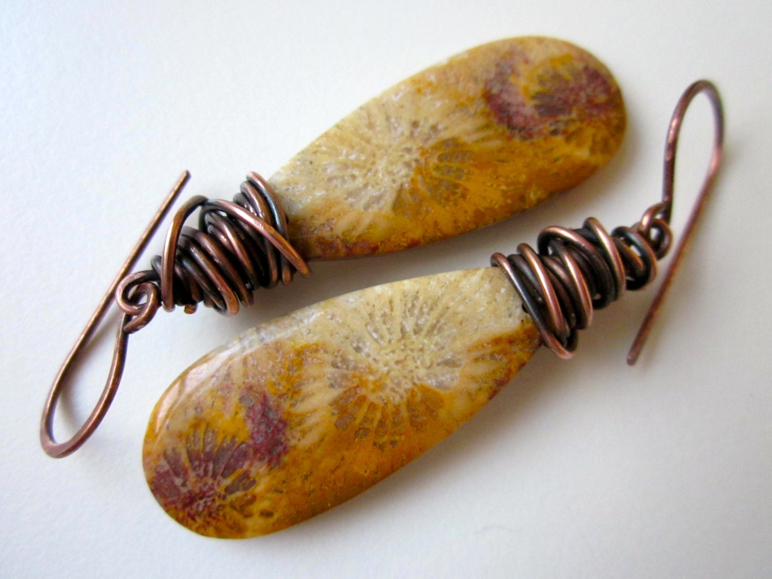 Gobi - sandy brown wire wrapped Indonesian fossilized coral stones and warm antiqued black brass earring pair