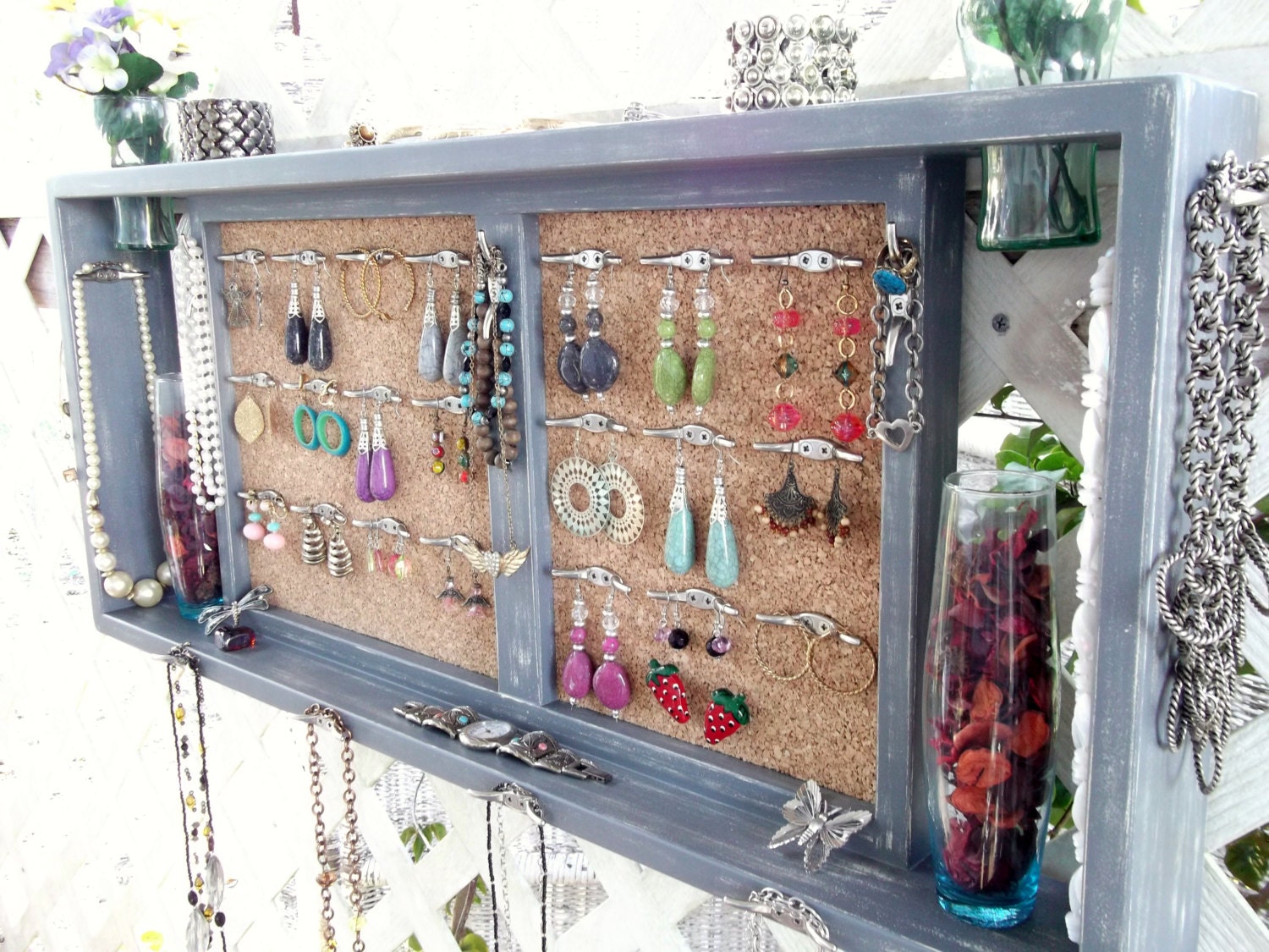 Jewelry Organizer Wall Display.."CLASSIC GRAY & IVORY"or You Choose Color..Shabby Chic Cottage