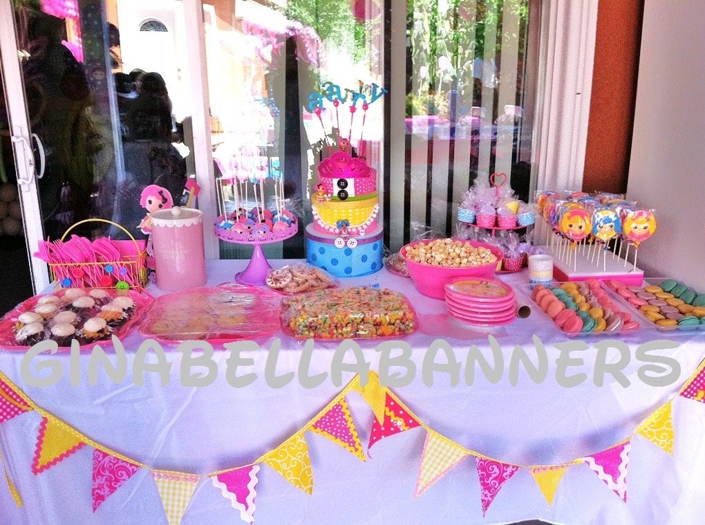 lalaloopsy banner cake table topper pink yellow buttons bunting Birthday party circus carnival decoration baby shower 9' with 14 flags